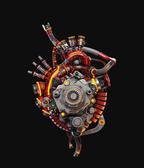 Steel robotic red heart with yellow lighting, futuristic replacement organ, 3d rendering on black background