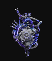 Fototapeta premium Steel robotic heart in blue-violet color, futuristic replacement organ, 3d rendering on black background