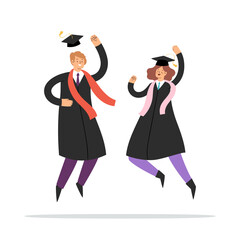 Set of happy jumping young couple, boy and girl. Cartoon students in graduation gowns and caps. Educated university or collage graduating people characters. Flat isolated vector illustration.