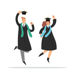 Set of happy jumping young couple, boy and girl. Cartoon students in graduation gowns and caps. Educated university or collage graduating people characters. Flat isolated vector illustration.