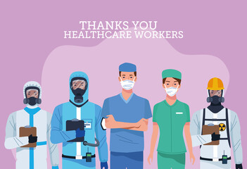 group of healthcare workers characters with thank you message