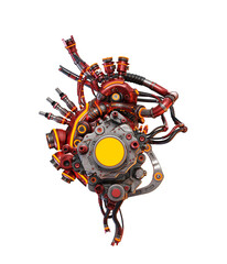 Steel robotic red heart with yellow lighting, futuristic replacement organ, 3d rendering on white background