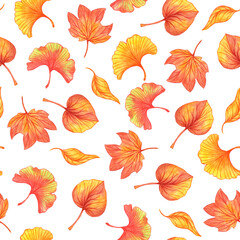 Seamless pattern with watercolor autumn leaves. Autumn endless background. Leaf pattern. Botanical illustration. 