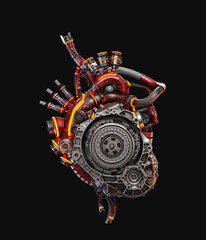 Steel robotic red heart with yellow lighting, futuristic replacement organ, 3d rendering on black background