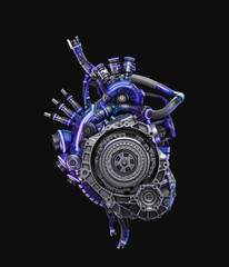 Steel robotic heart in blue-violet color, futuristic replacement organ, 3d rendering on black background
