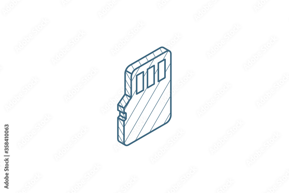 Poster flash memory sd card isometric icon. 3d line art technical drawing. editable stroke vector