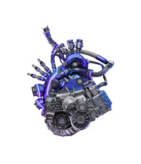 Steel robotic heart in blue-violet color, futuristic replacement organ, 3d rendering on white background