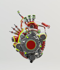 Steel red robotic heart with lime yellow lighting. Futuristic replacement organ, 3d rendering on grey background
