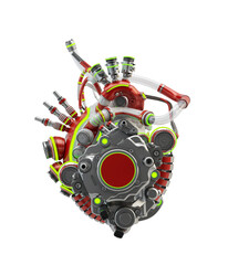 Steel red robotic heart with lime yellow lighting. Futuristic replacement organ, 3d rendering on white background