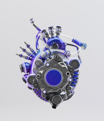 Steel violet-blue robotic heart, futuristic replacement organ, 3d rendering on grey background