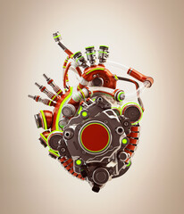 Steel red robotic heart with lime yellow lighting. Futuristic replacement organ, 3d rendering on sepia vintage background