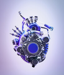 Steel violet-blue robotic heart, futuristic replacement organ, 3d rendering on purple background