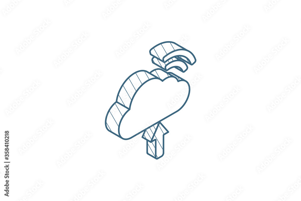 Poster cloud upload, computer technology isometric icon. 3d line art technical drawing. editable stroke vec