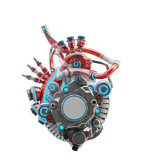 Steel red robotic heart with light blue lighting, futuristic replacement organ, 3d rendering on white background