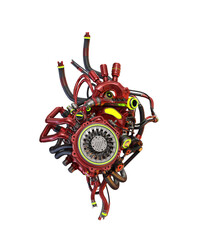 Steel robotic red heart with yellow lighting, futuristic replacement organ, 3d rendering on white background