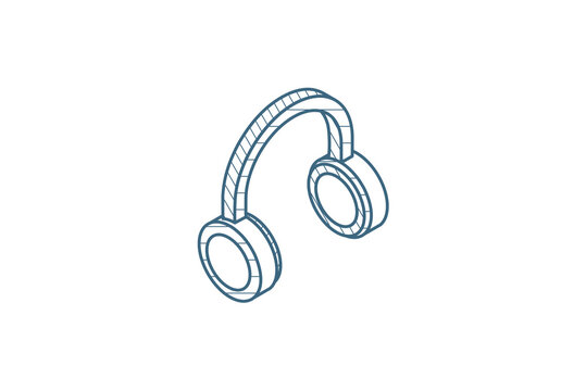 music headphones isometric icon. 3d line art technical drawing. Editable stroke vector