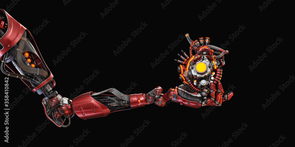 Poster stylish steel robot arm holds artificial futuristic heart. artificial hand with prosthetic heart 3d 