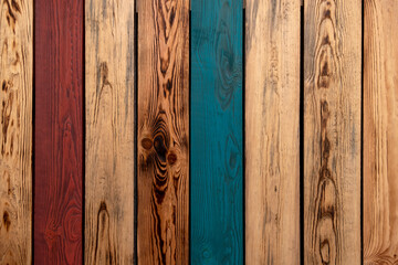 old shabby wooden fence with red and blue boards. vertical stripes. rough surface texture