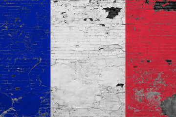France flag on grunge scratched concrete surface. National vintage background. Retro wall concept.
