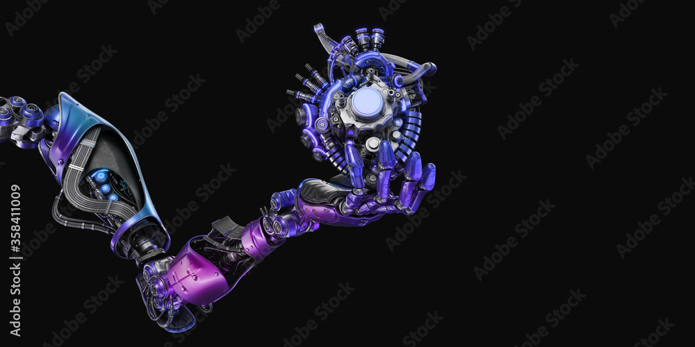 Poster stylish steel robot arm holds artificial futuristic heart. artificial hand with prosthetic heart 3d 