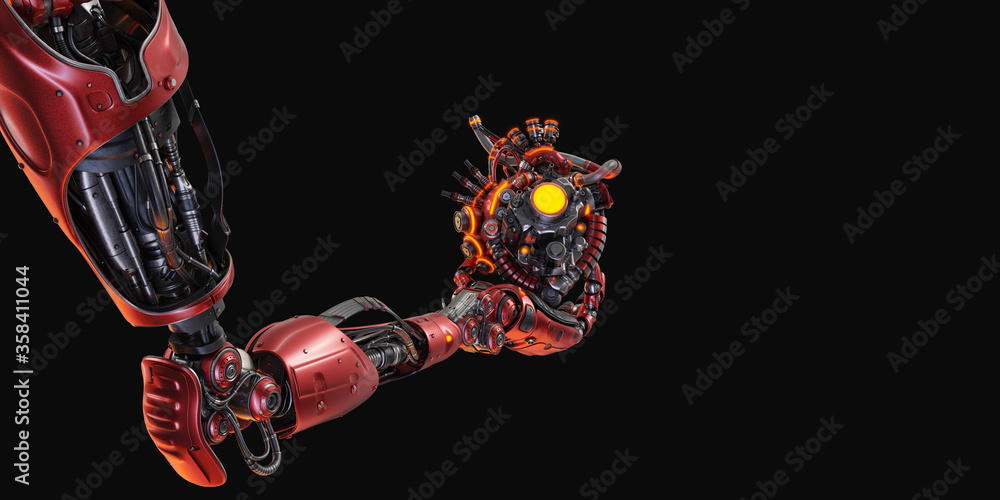 Poster stylish steel robot arm holds artificial futuristic heart. artificial hand with prosthetic heart 3d 