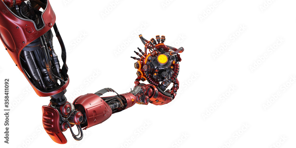 Poster stylish steel robot arm holds artificial futuristic heart. artificial hand with prosthetic heart 3d 