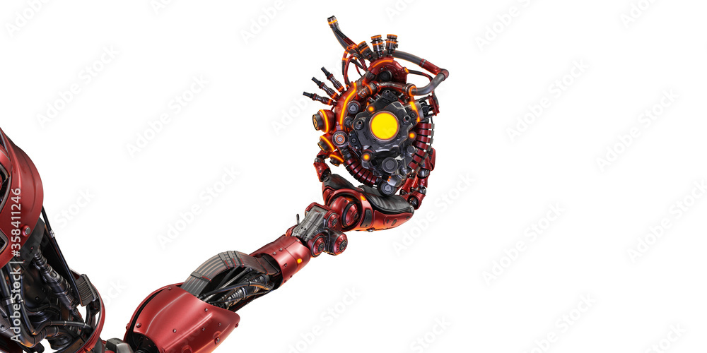 Poster stylish steel robot arm holds artificial futuristic heart. artificial hand with prosthetic heart 3d 