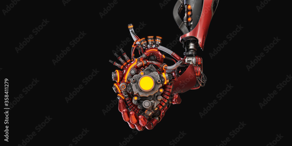 Poster stylish steel robot arm holds artificial futuristic heart. artificial hand with prosthetic heart 3d 