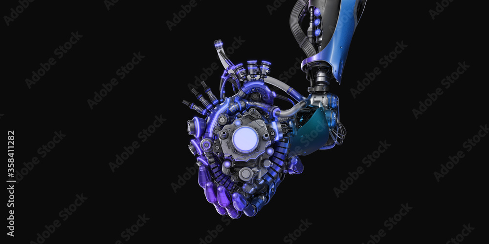 Poster stylish steel robot arm holds artificial futuristic heart. artificial hand with prosthetic heart 3d 