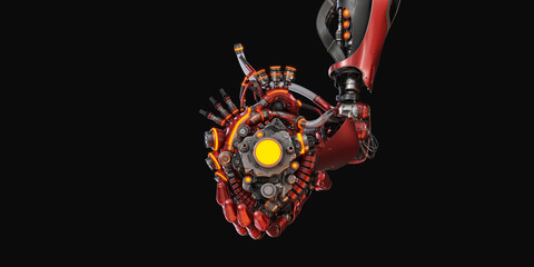 Stylish steel robot arm holds artificial futuristic heart. Artificial hand with prosthetic heart 3d rendering isolated on black background