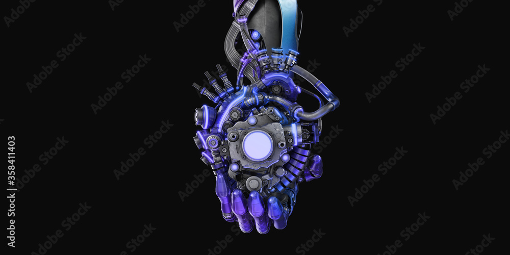 Poster stylish steel robot arm holds artificial futuristic heart. artificial hand with prosthetic heart 3d 