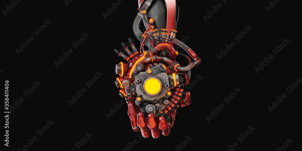 Poster stylish steel robot arm holds artificial futuristic heart. artificial hand with prosthetic heart 3d 