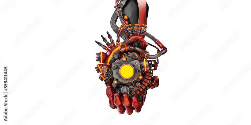 Aufkleber stylish steel robot arm holds artificial futuristic heart. artificial hand with prosthetic heart 3d 