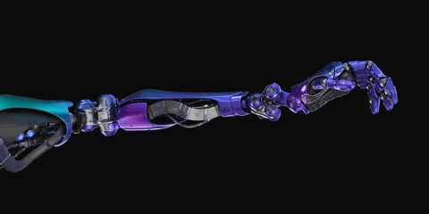 Prosthetic handsome robotic arm, 3d rendering on black background