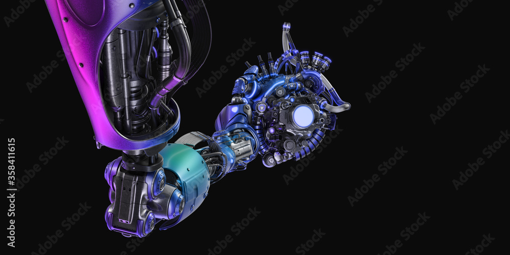 Poster stylish steel robot arm holds artificial futuristic heart. artificial hand with prosthetic heart 3d 