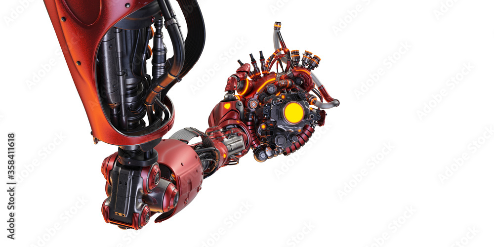 Poster stylish steel robot arm holds artificial futuristic heart. artificial hand with prosthetic heart 3d 