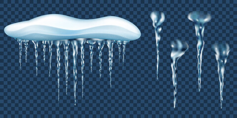 Snowdrift with hanging light blue realistic translucent icicles and a few extra. For use on dark background. Transparency only in vector format