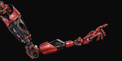 Sci-fi red robotic arm pointing with index finger, 3d rendering on dark background
