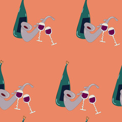 VECTOR ILLUSTRATION SEAMLESS PATTERN CHAMPAGNE BOTTLE,TWO GLASSES AND SAXAFON