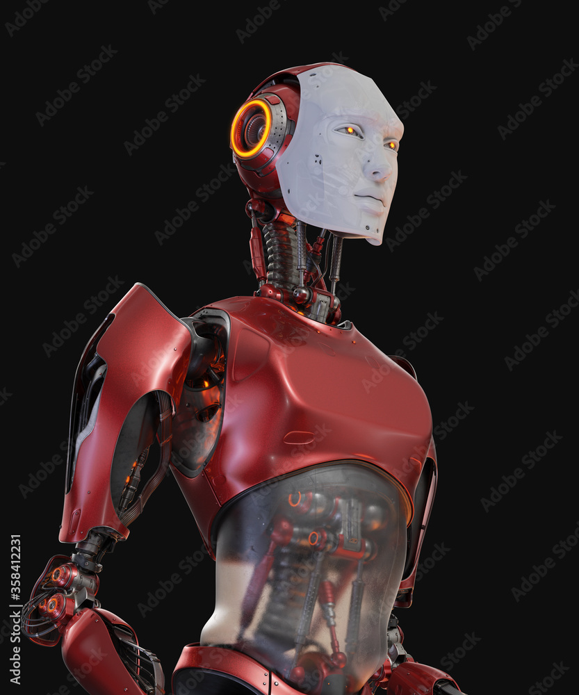Aufkleber smart handsome red robot man torso with visible mechanical digestive system, 3d rendering on dark ba