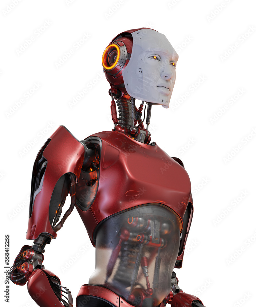 Poster smart red robot man torso with visible mechanical digestive system, 3d rendering isolated on white b