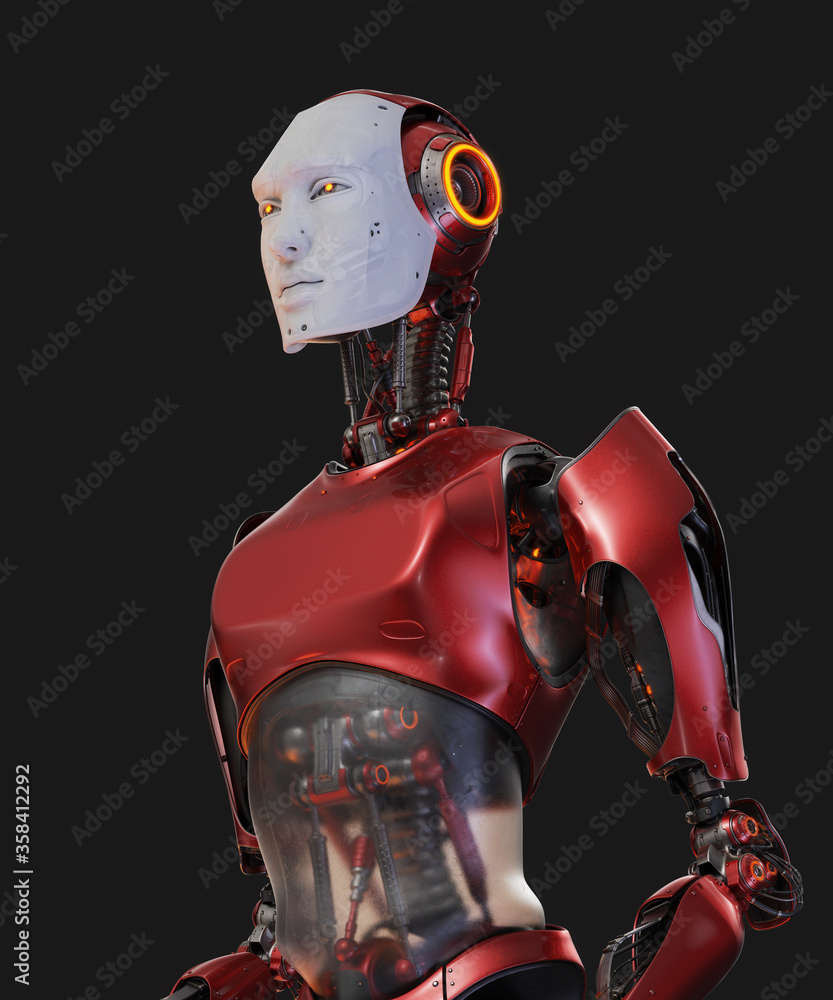 Aufkleber smart handsome red robot man torso with visible mechanical digestive system, 3d rendering on dark ba