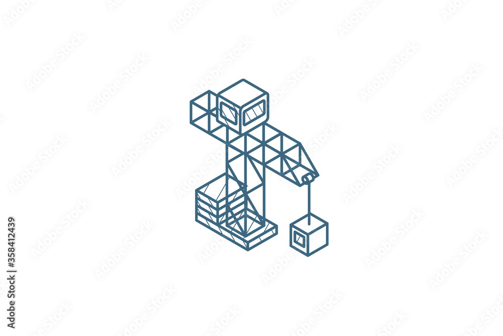 Poster building crane isometric icon. 3d line art technical drawing. editable stroke vector