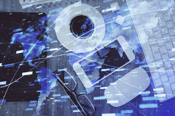 Multi exposure of technology theme drawing over work table desktop. Top view. Global data analysis concept.