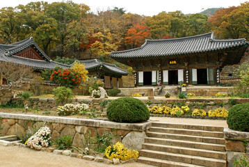 Seonamsa contains historic wood, tile-roofed buildings amid gardens, and a forest of trees in autumn colors rises behind this Buddhist temple in South Korea