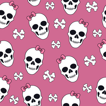 Pattern with white skulls with a pink bow and bones