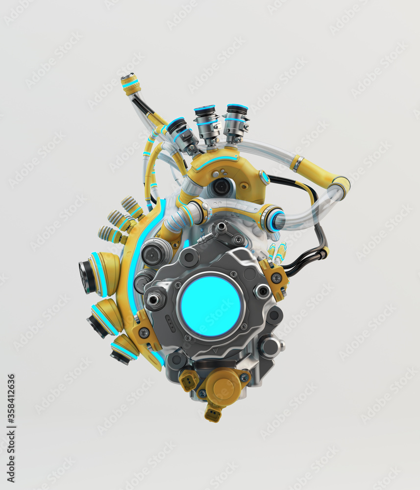 Poster futuristic artificial heart. 3d rendering of robotic heart organ