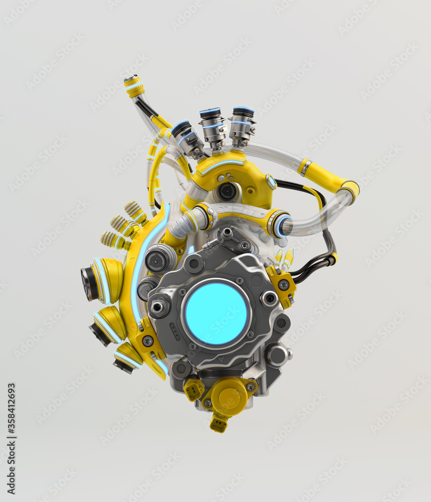 Poster futuristic artificial heart. 3d rendering of robotic heart organ