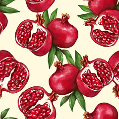 Pomegranate patterns seamless print design. Pomegranate and leaves background.  