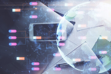 Double exposure of map hologram drawing over desktop. Top view. International connection concept.